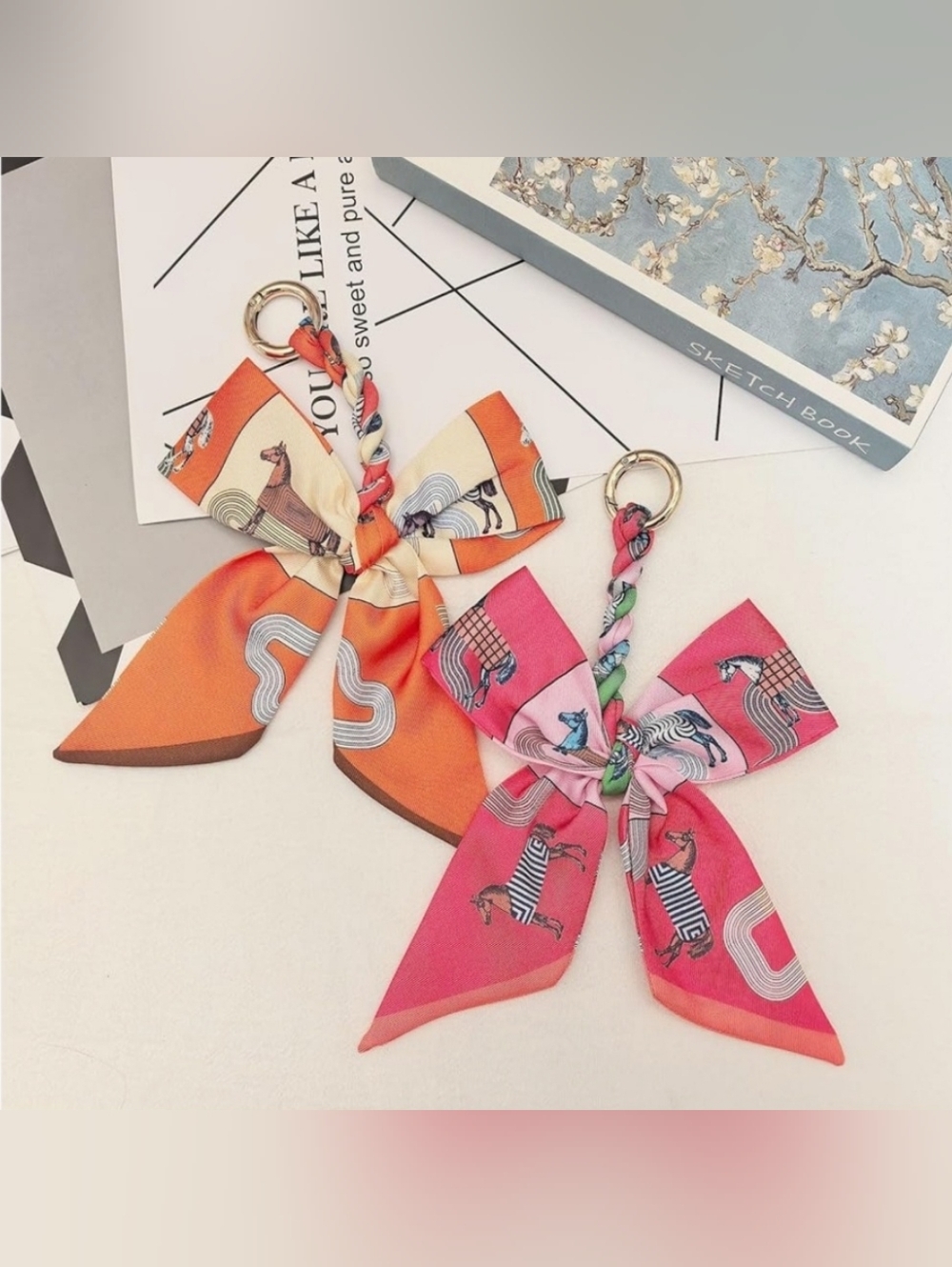 2pcs Silk Bow Keychain Scarf Charm - Orange & Pink